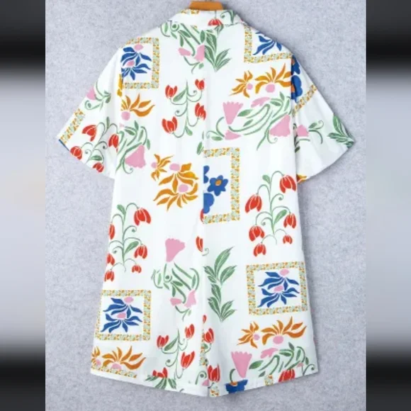 White Floral Print Split Neck Pocketed Shirt Collar Romper - Picture 7 of 7